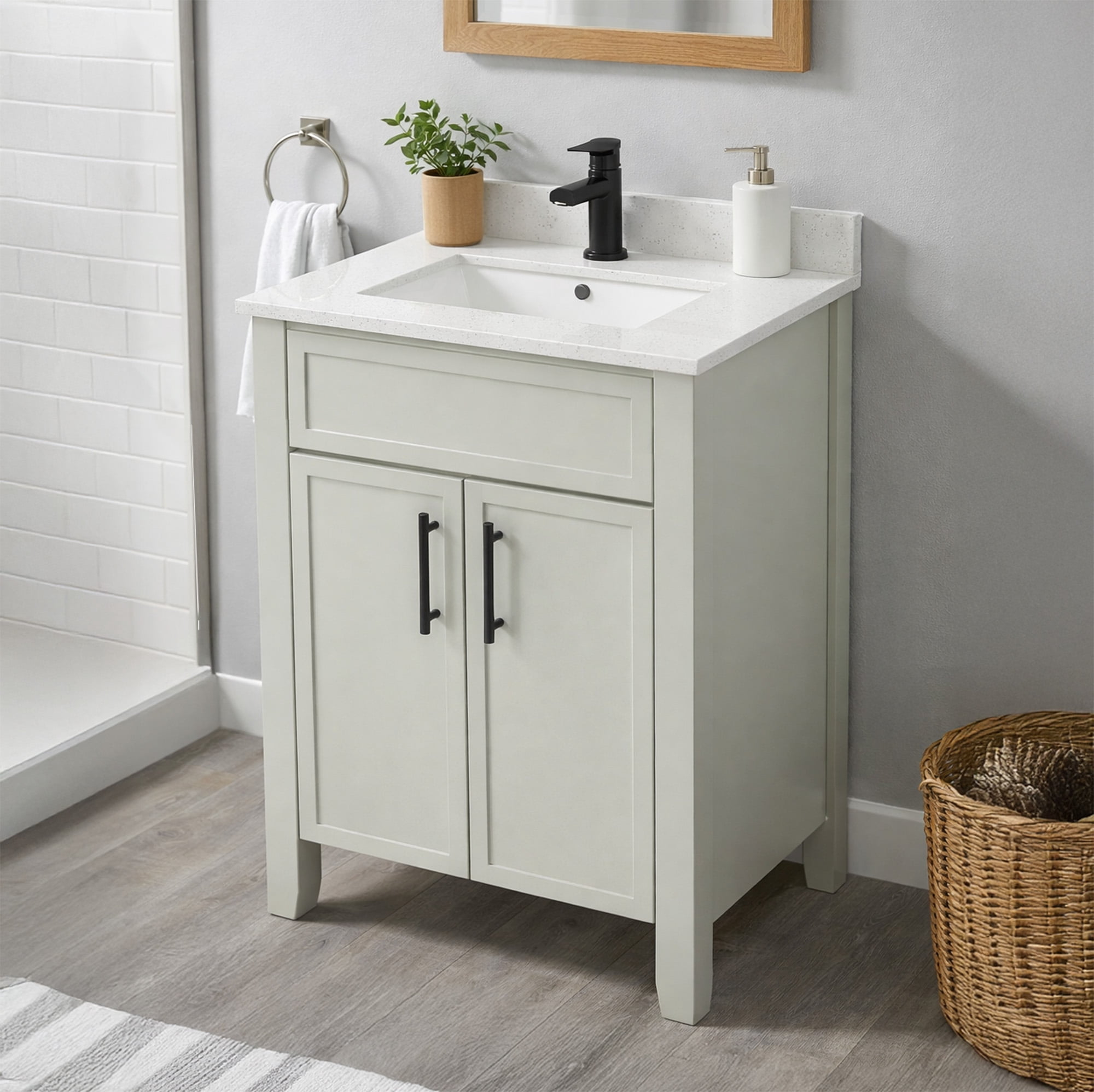 Design House Dawson 24 in. L x 18 in. D x 34 in. H Bathroom Vanity, 2 Doors, Sherwin-Williams® On the Rocks, Comfort Height, Fully Assembled 228403-OTR-FA