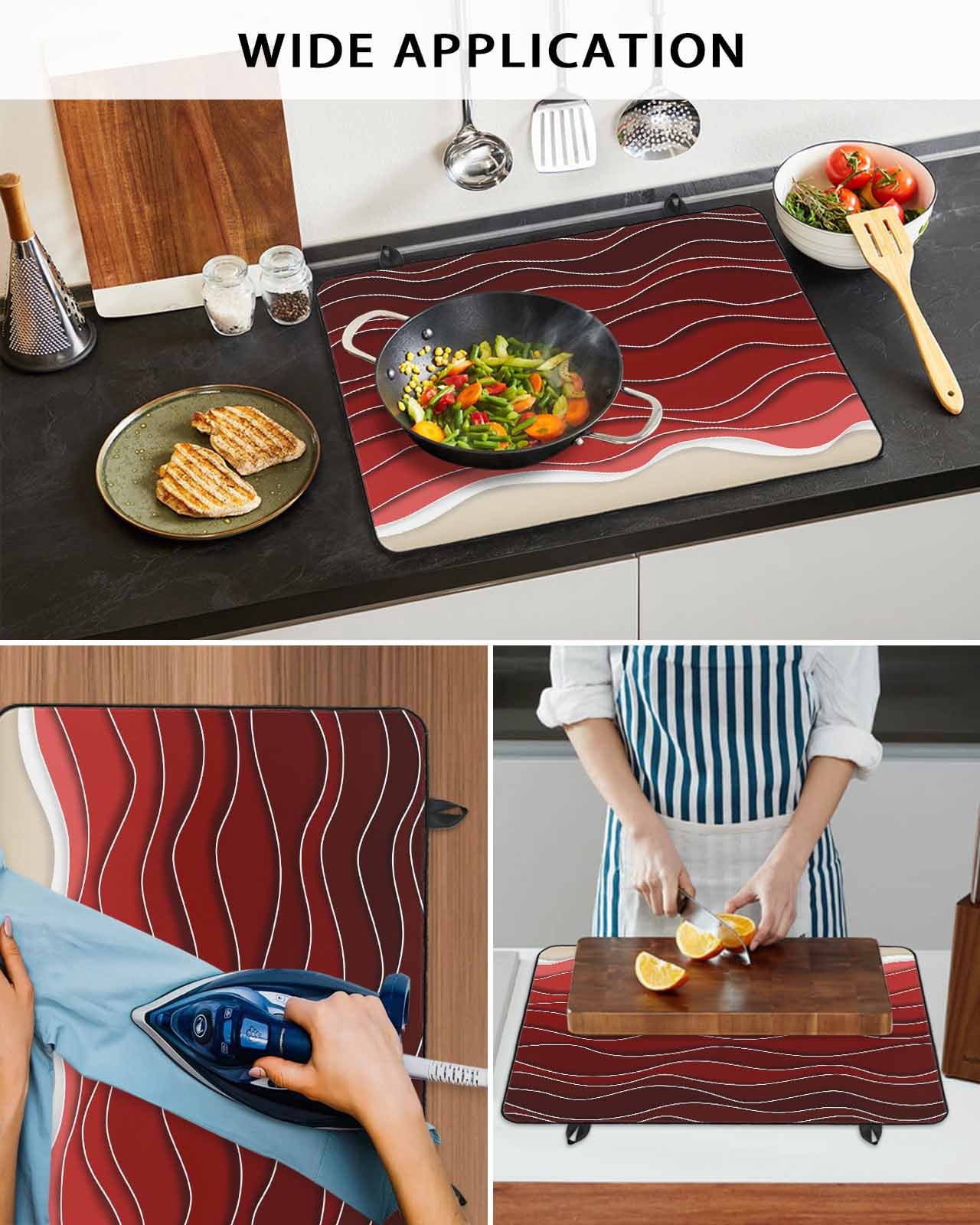 nqOlkjepod Large Induction Cooktop Protector Mat 24"x21", Red Ocean Waves Stove Top Covers for Electric Stove, Coastal Abstract Stripes Ombre Art Stove Burner Cover Mats, Glass Top Stove Cover