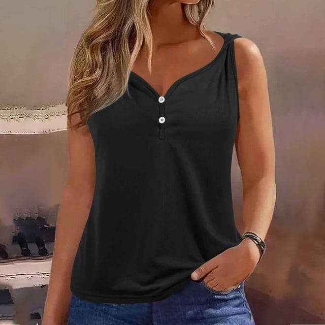 LSLJS Womens Sleeveless Button Detail Tank Top Button Tank Top Versatile Casual T-Shirt In Solid Color, Womens Tank Tops