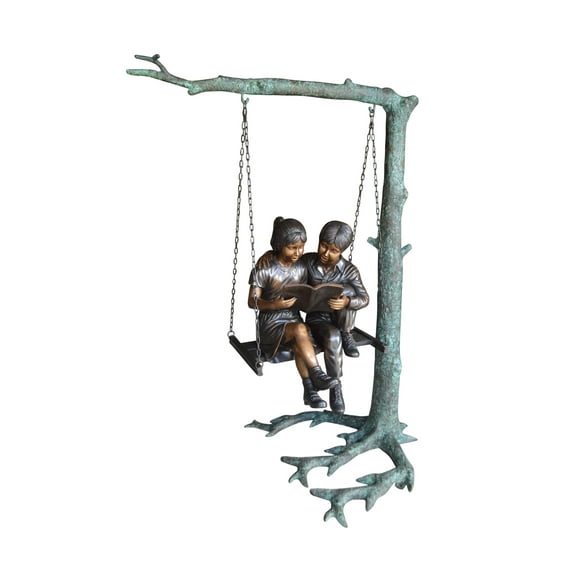 Nifao Kids on Swing Set Reading a Book Life Size Bronze Statue - – Outdoor Garden Decor Sculpture, 50"L x 40"W x 70"H