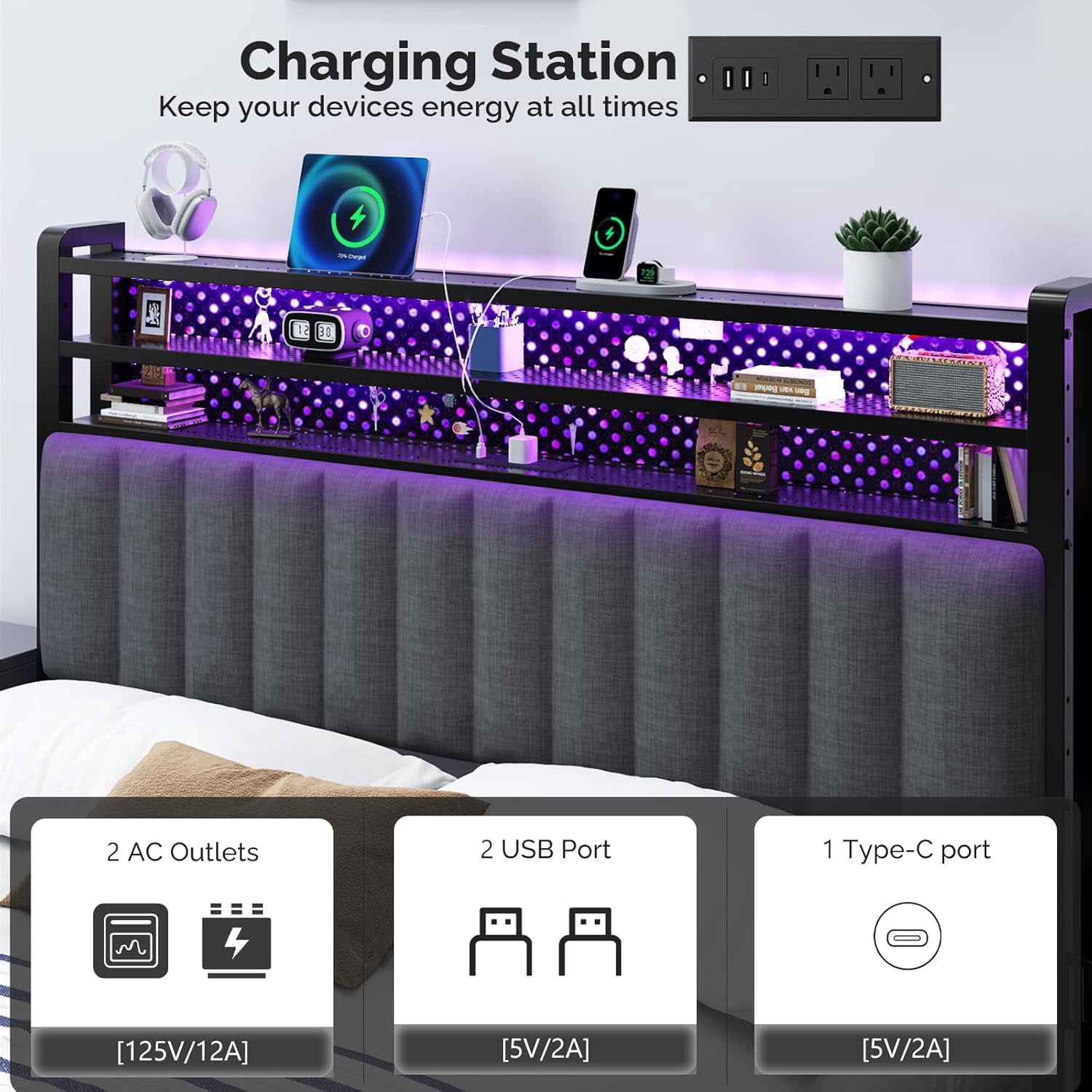 Queen Size Headboard with Storage and LED, Adjustable Upholstered Headboard with 3 Tier Shelves and Pegboard, Modern Bed Headboard with Charging Station for Bedroom Decor, Dark Grey