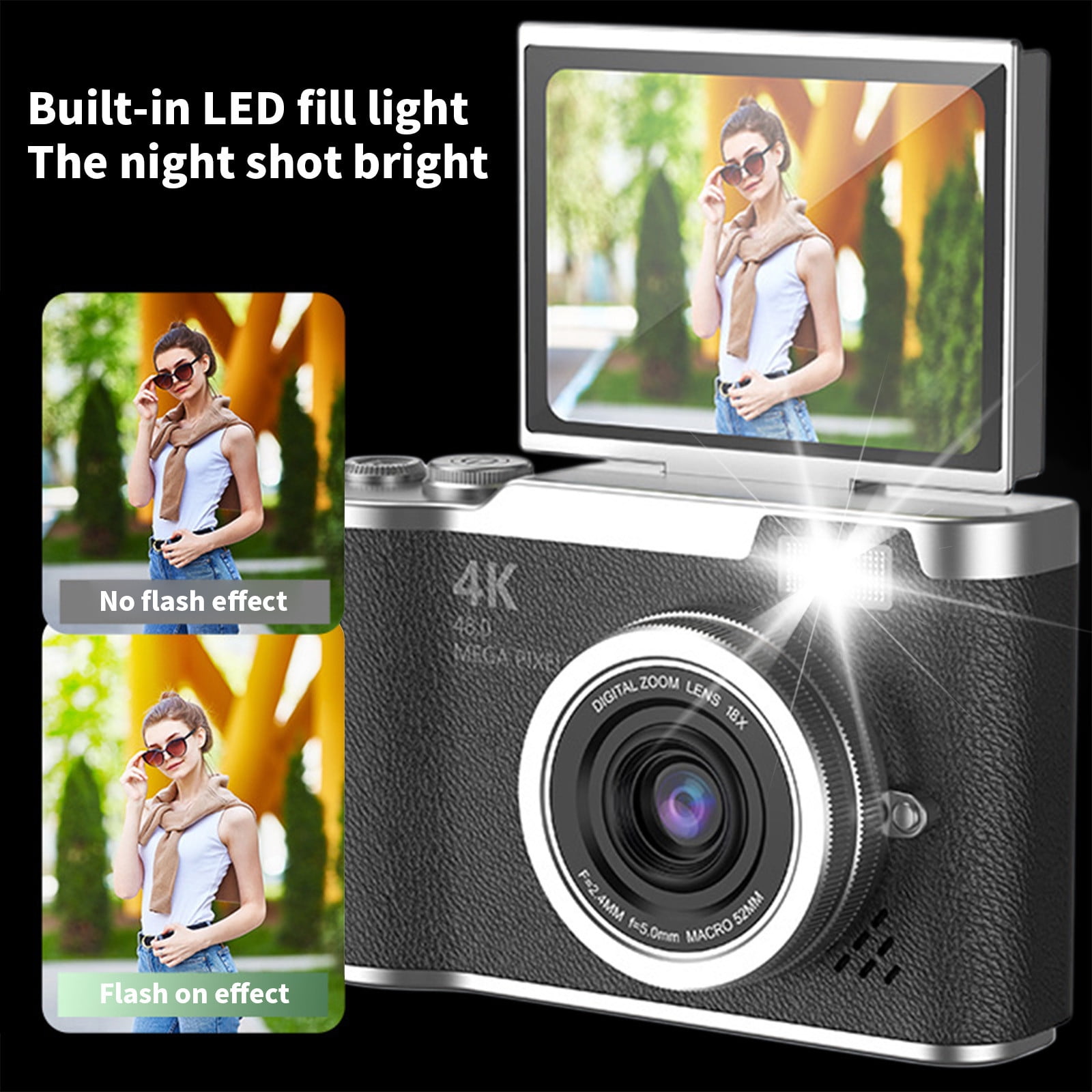 Digital Camera, Gaqring 2.4 Inch Flip Screen Autofocus 1080P HD Selfie Beauty Camera, 8X Digital Zoom 48MP CMOS Sensor Night Vision Flash Portable Teen Camera, Black