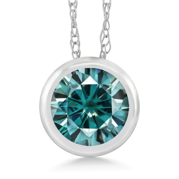 Gem Stone King 14K White Gold Blue Moissanite Pendant Necklace for Women (0.50 Cttw, Gemstone, Round 5MM, with 18 inch Chain)
