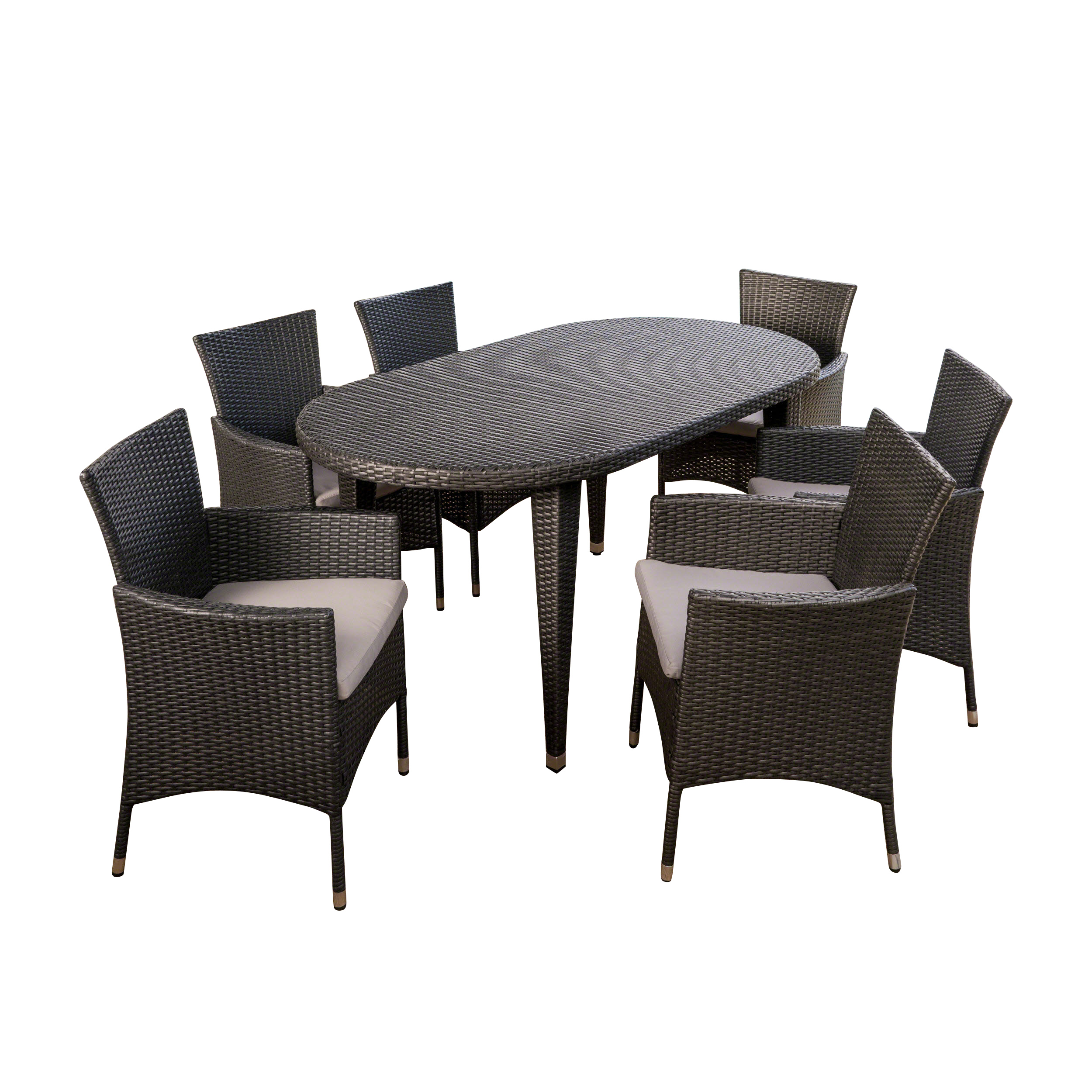 Victor Outdoor 7 Piece Wicker Oval Dining Set with Cushions, Grey, Silver