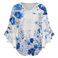 thumbnail image 5 of Blue FlowerWatercolor Women's V-Neck Blouse With 3/4 Ruffled Bell Sleeves Casual Top Ladies Blouses, 5 of 7