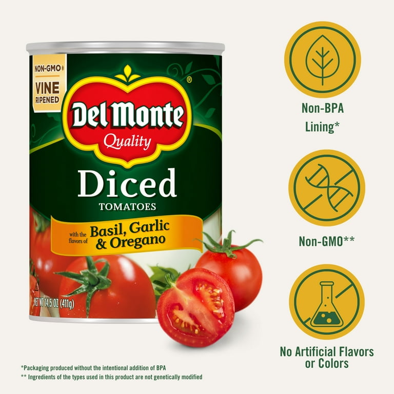 Del Monte Diced Tomatoes with the Flavors of Basil Garlic Oregano 14.5 oz Can