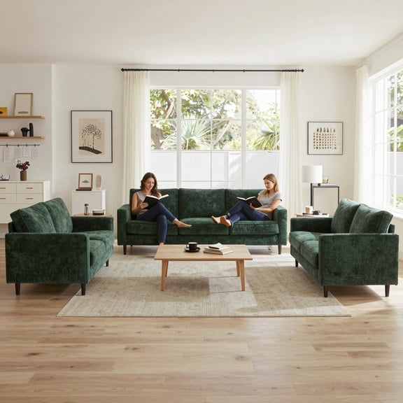 Green Chenille 5-Seat Sofa Set - Modern Accent Chair & Loveseat