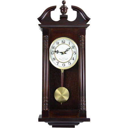 Traditional Wall Clock with Swinging Pendulum, Cherry Oak Finish, Golden Accents, 4 Chime Options