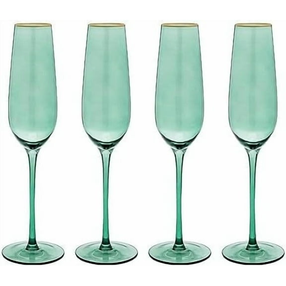 Vikko Champagne Flutes, 8.5 Ounce Toasting Champagne Flute, Green with Gold Rim Crystal Clear Champagne Glasses, Set of 4 Elegant Sparkling Wine Glasses