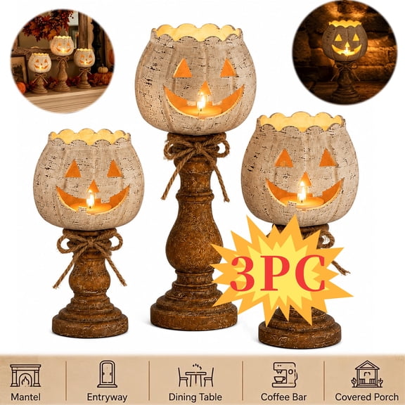 Rustic White Pumpkin Tealight Candle Holder Set with Wood Look Pedestal & Jute Bow, Farmhouse Halloween Pumpkin Tea Light Candle Holders Decor, Fall Tables Centerpieces for Thanksgiving Party (1PC-S)
