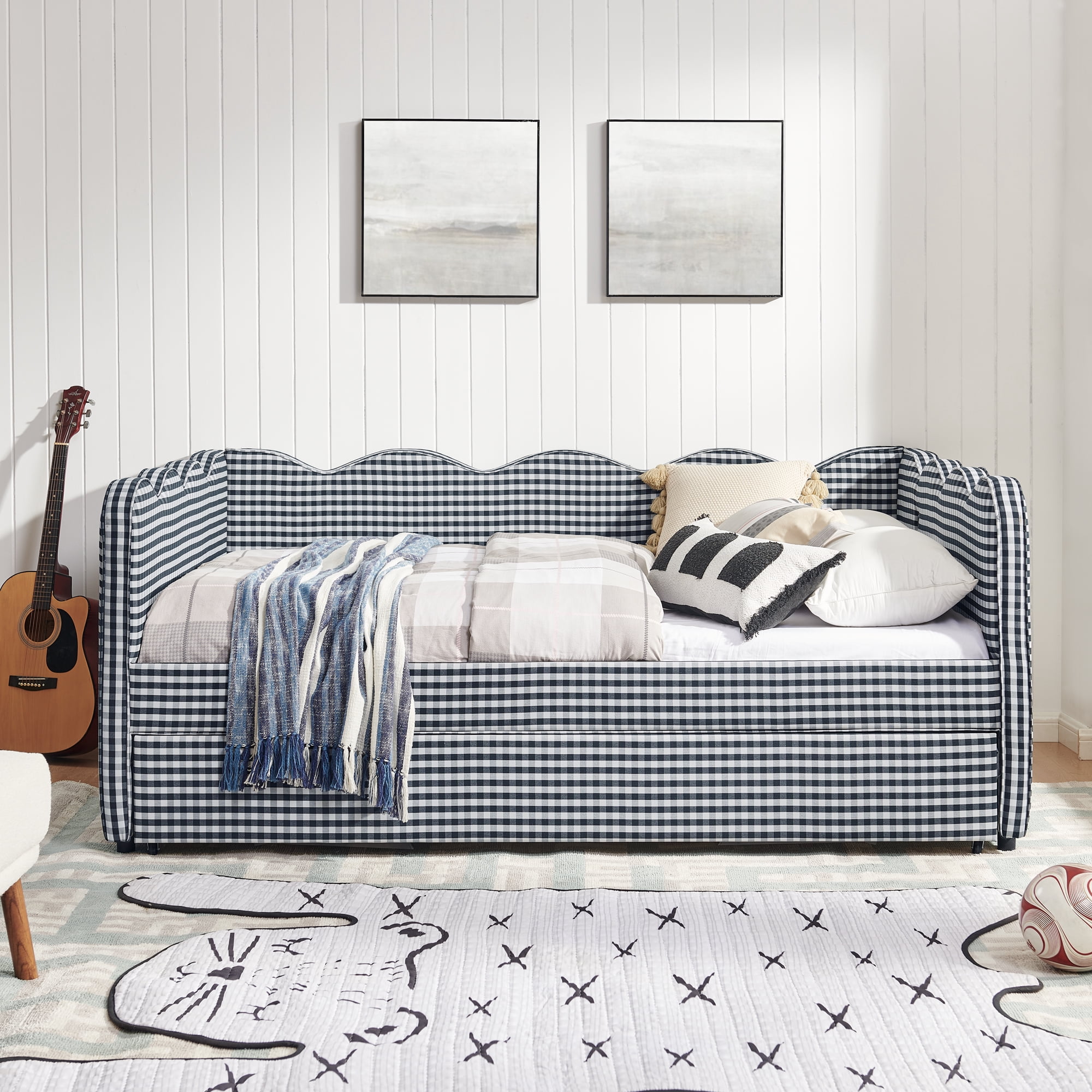 Full Size Daybed with Trundle and USB Port Upholstered Sofa Bed Gingham Linen Kids Guest Bed Frame, No Box Spring Needed, Navy