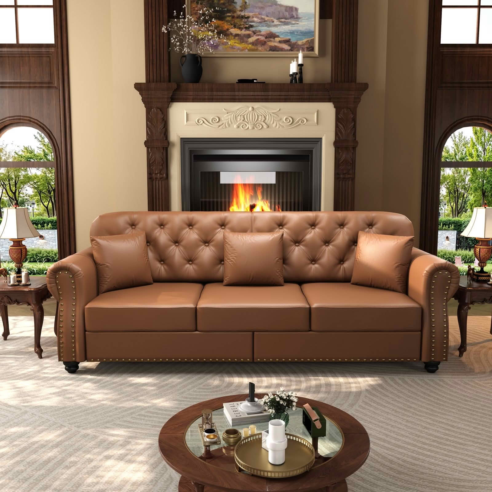 MAYEERTY 82.6" Upholstered Faux Leather 3‑Seater Chesterfield Sofa Set with 3 Ottomans, Mid‑Century Modern Couch with Button Tufted, Nailhead Trim & Rolled Armrests, Includes 3 Pillows