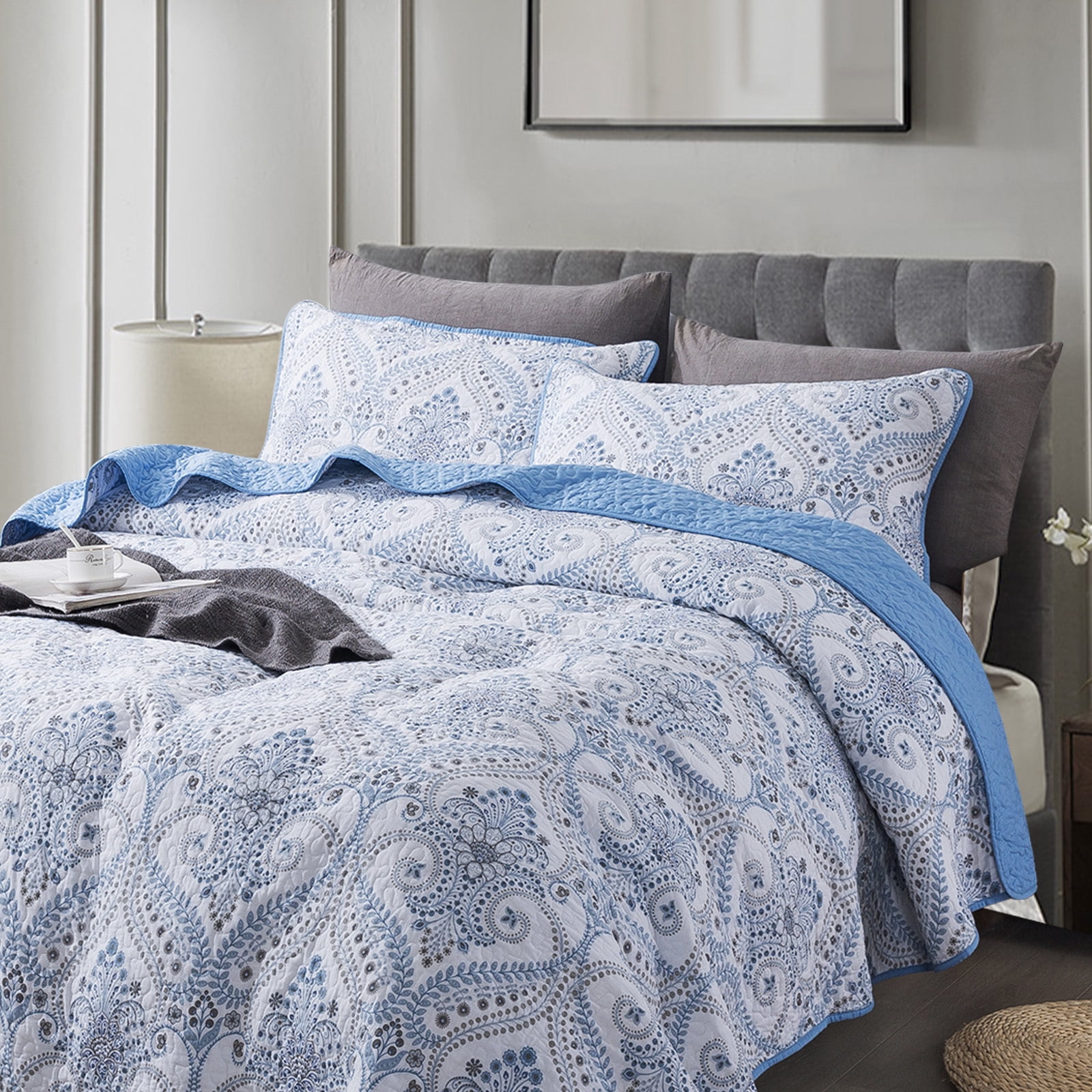 HoneiLife Blue Cotton Quilt Set, King - Reversible (3-Piece)