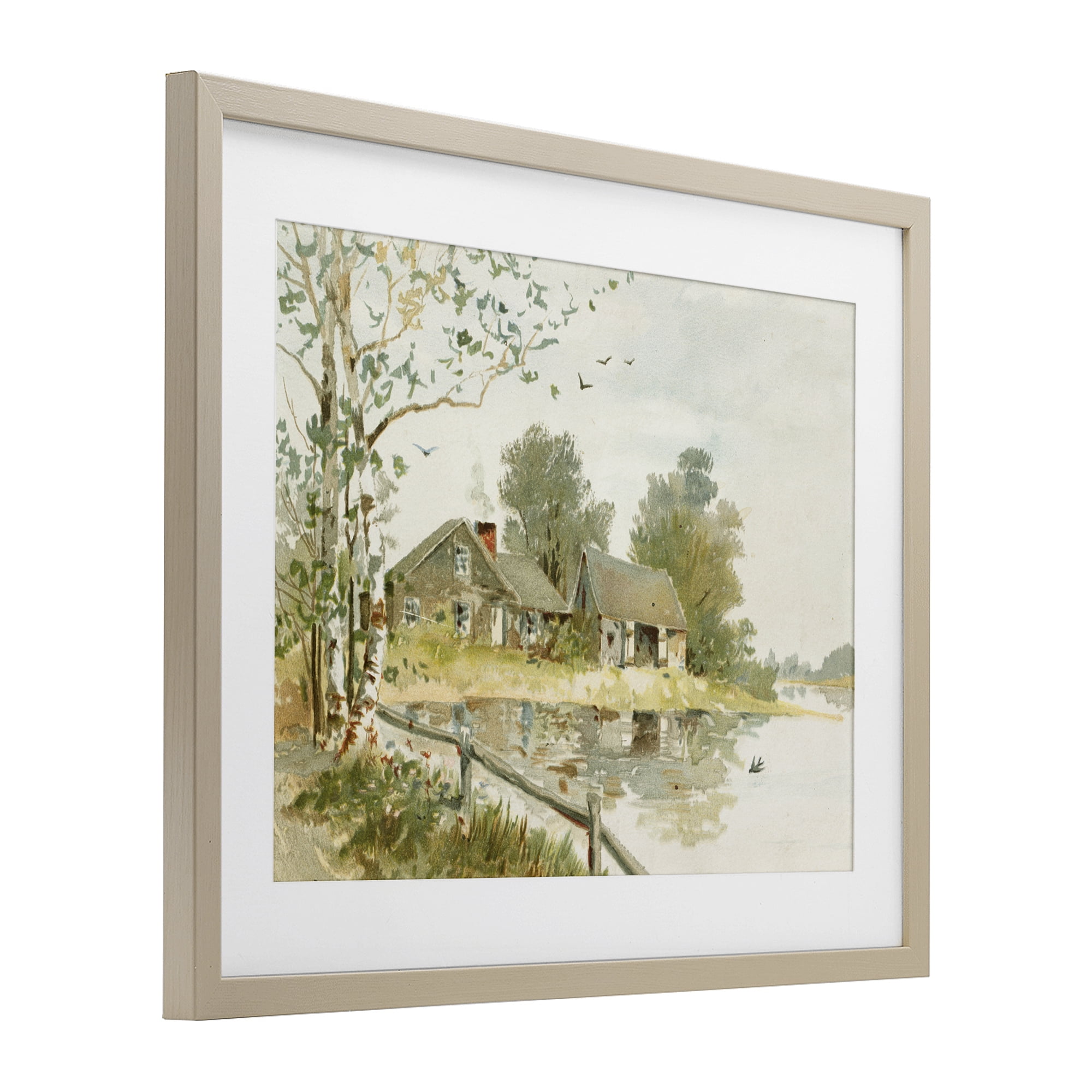 Cabin Along River's Edge Birch Framed Print Under Glass, design by Lettered and Lined