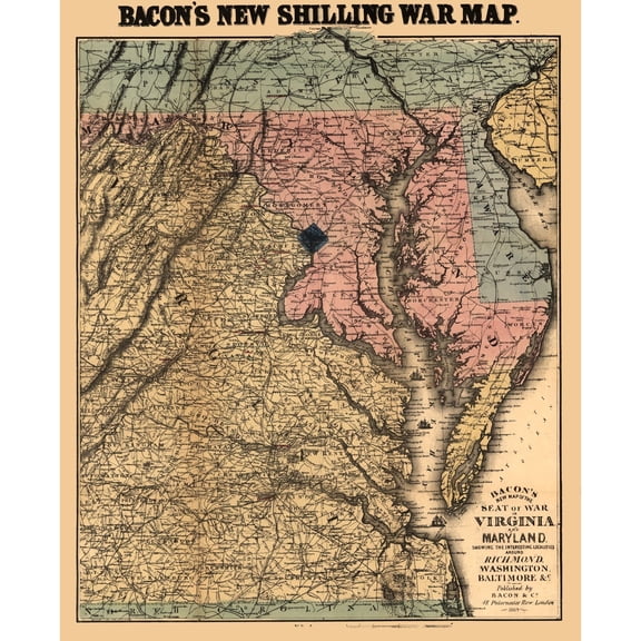 Historical Civil War Map - Virginia Maryland - Bacon 1864 - Vintage Wall Art