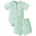 thumbnail image 1 of EYIIYE Unisex Newborn Ribbed Knitted Cotton Short Sleeve Tops + Shorts, 1 of 8