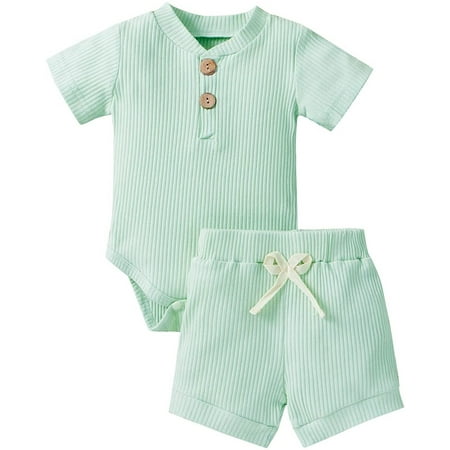 

Kiapeise Unisex Newborn Ribbed Knitted Cotton Short Sleeve Tops + Shorts