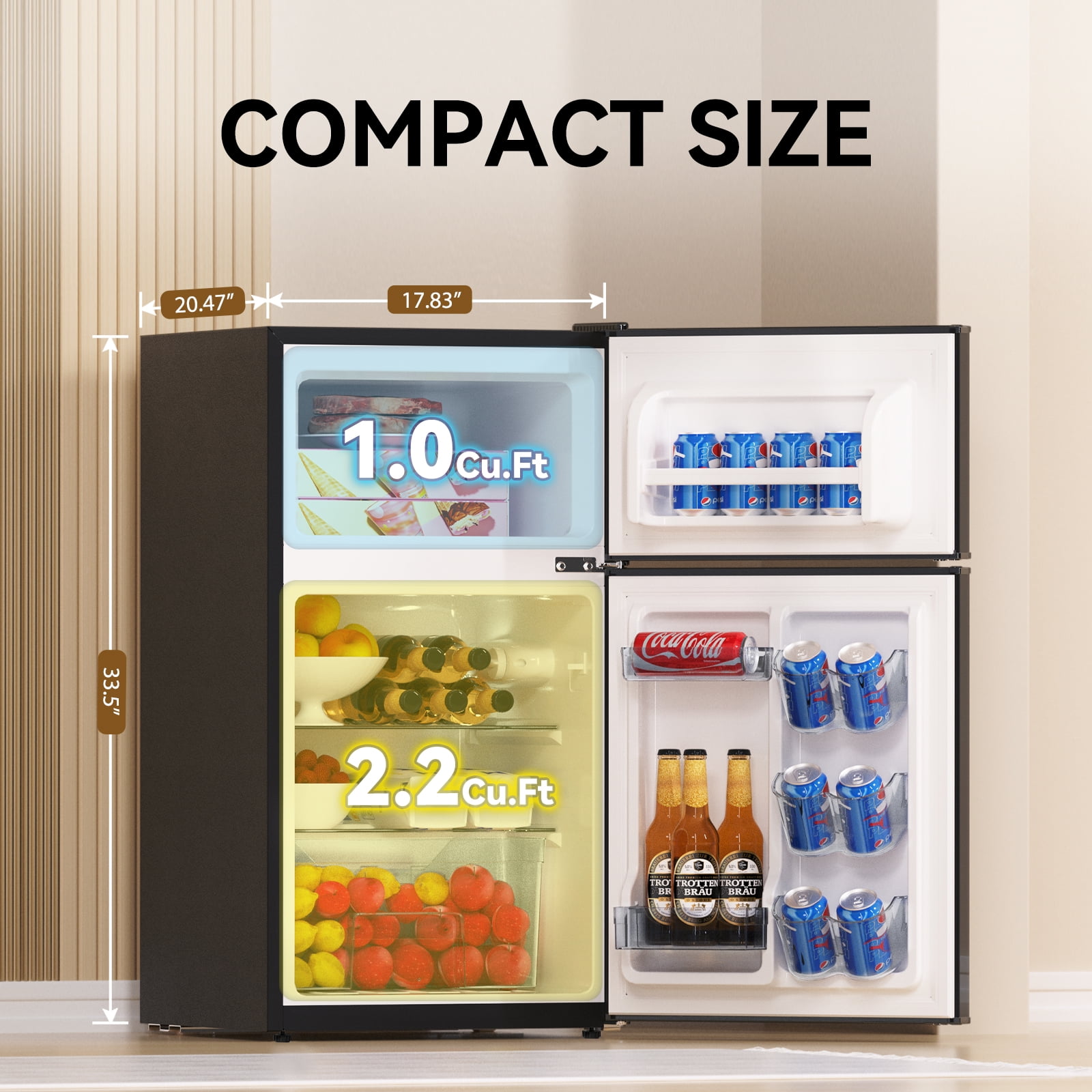 Frestec 3.2 Cu Ft Two-Door Mini Fridge with Freezer – Black, Stainless Steel, New