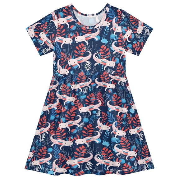 joogoo Axolotl Cartoon Girls' Short Sleeve Dress Kids Dresses 5-6T