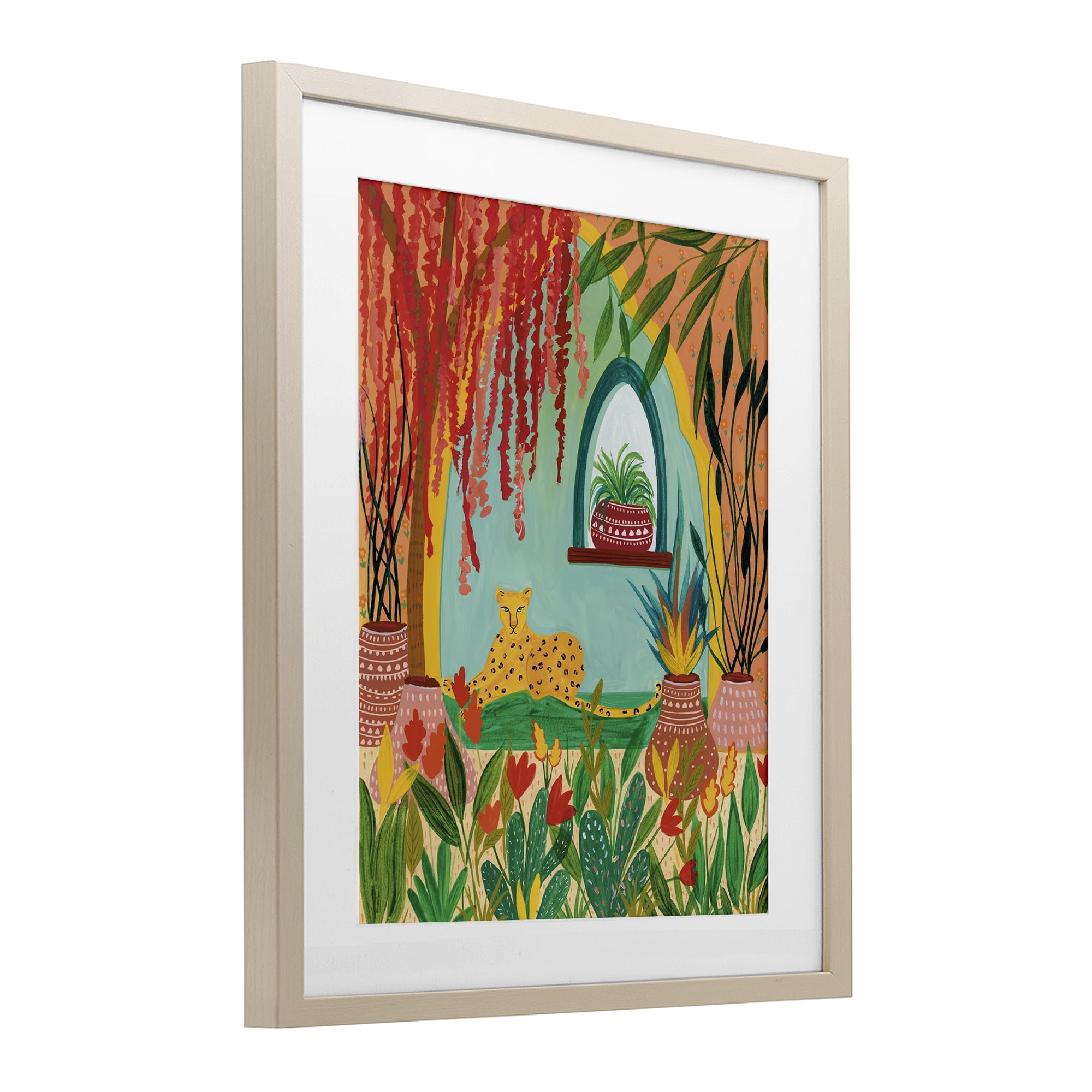 Lone Leopard Among Botanicals Birch Framed Print Under Glass, design by Nabeela Rumi
