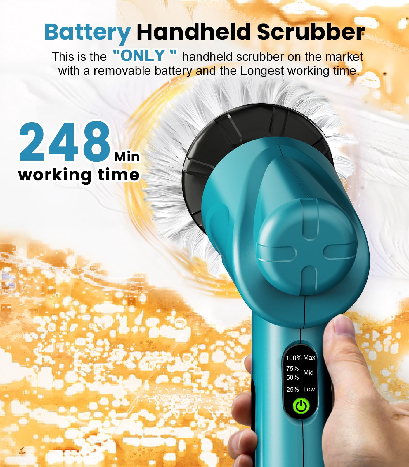 Amiluo Electric Spin Scrubber, 5000 mAh Battery Cordless Handheld Cleaning Brush, 3 Speeds Power Scrubber with 5 Replaceable Heads & Display for Bathroom/Shower/Sink/Tub, A3/Blue