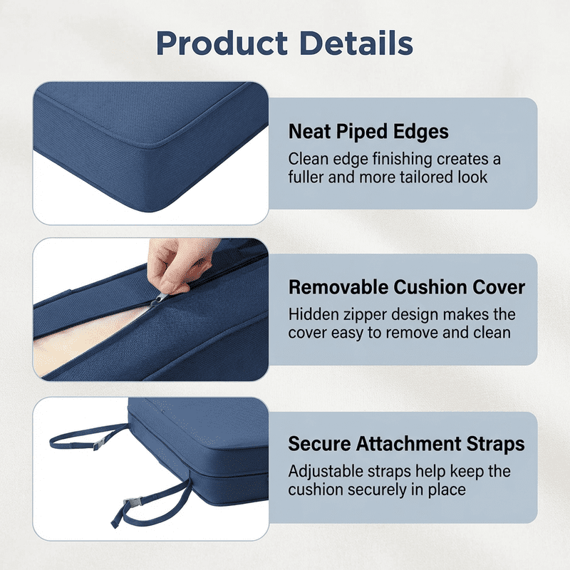 24 x 24 in Outdoor Olefin Patio Cushion Set with Back Pillow, 6 in Thick, Water- and Fade-Resistant, Navy Blue
