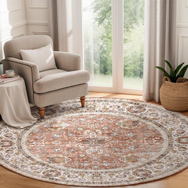 Boho Vintage Round Rug ft- Faux Wool Dreely Washable Area Rug Small Distressed Throw Rugs Floor Carpet for Door Mat Entryway Bedrooms Laundry (Round - ; Diameter Border )