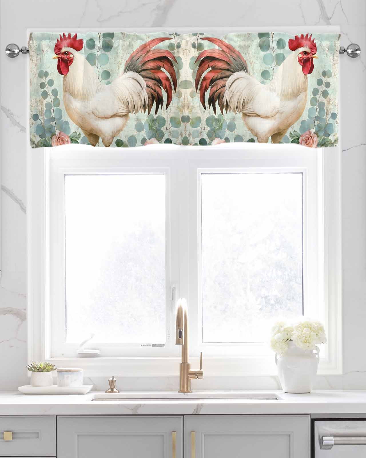 Vintage Rooster Kitchen Valances for Windows Farmhouse Linen Window Valance Curtain for Living Room Window Treatment Eucalyptus Leaves Animals Spring Roses Valance Rod Pocket Topper, 60 x 18 Inch