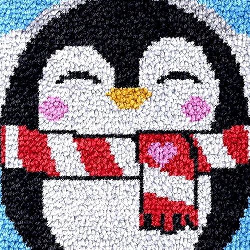 Cartoon Fatty Penguin Latch Hook Rug Kits for Kids Beginner Easy Printed Canvas Crochet Yarn Embroidery Mini-Carpet Hook and Latch Kit Children Handmade Craft 30x30cm