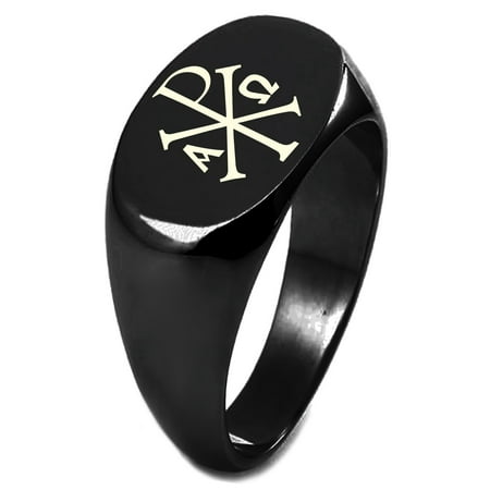Chi Omega Block - Black IP Plated Sterling Silver Chi Rho Alpha Omega Symbol Engraved Oval Flat Top Polished Ring