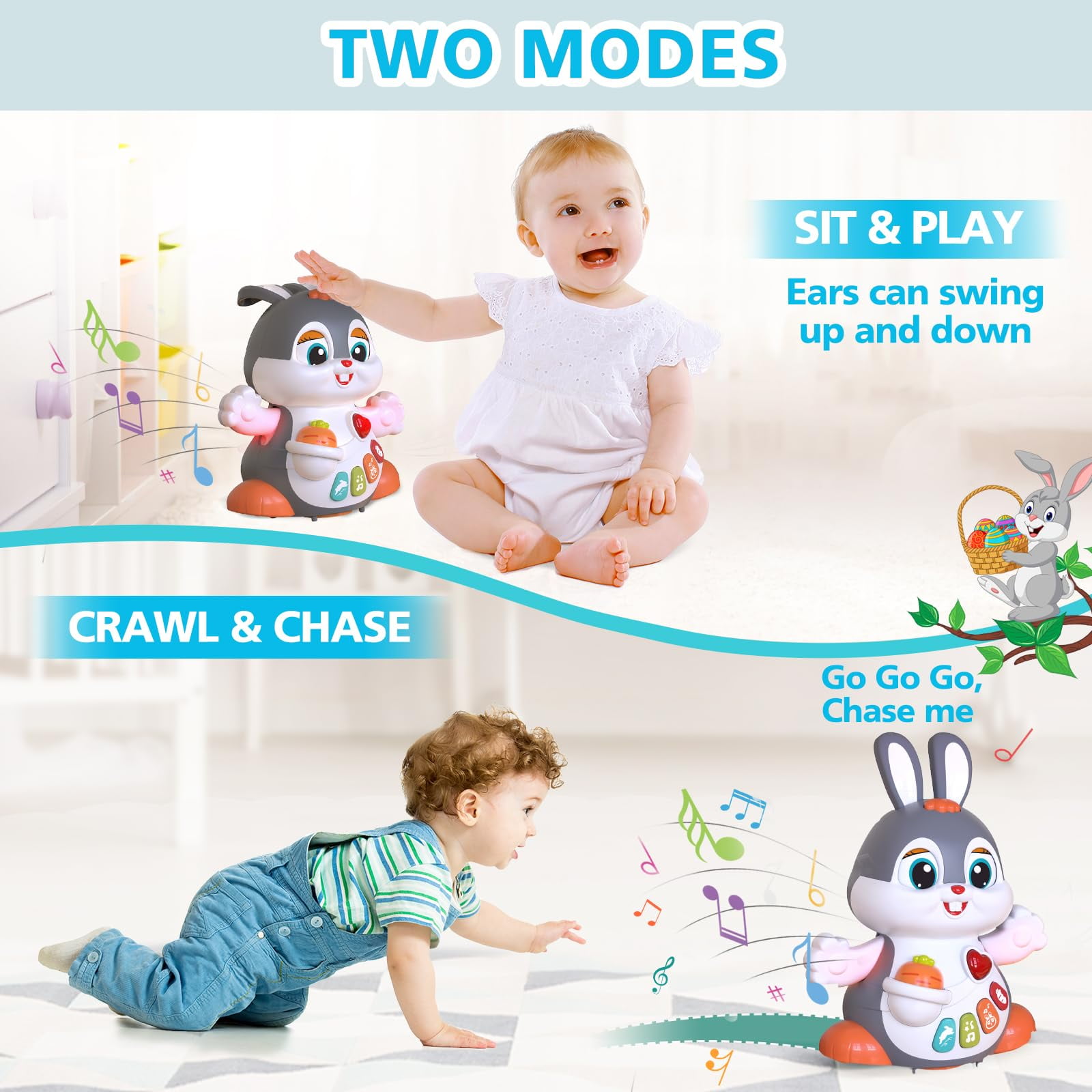 MOONTOY Easter Bunny Baby Toys 6 to 12 Months Infant Tummy Time Toys with Light & Sound, Musical Crawling Toys for Babies 3 4 5 6 7 8 9 10 11 12 Months Easter Basket Stuffers =, 1st Birthday Gifts