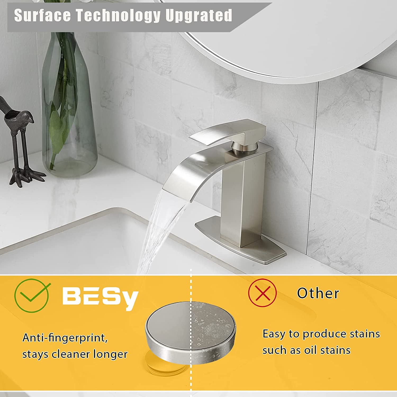 Brushed Nickel Waterfall Bathroom Vanity Sink Faucet with 6" Deck Plate for 1 or 3 Hole
