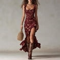 thumbnail image 5 of Navy Blue Floral Maxi Dress With Ruffled Straps, High Side Slit, Flowy Fit, 5 of 6