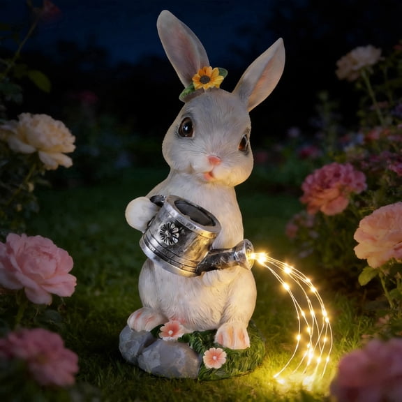 Solar Garden Statue Rabbit with Watering Can Light, Solar Garden Decor Outdoor with Warm Glow, Cute Garden Animal Statue for Yard Lawn Patio, Outdoor Decorations for Yard Garden Sculptures & Statues