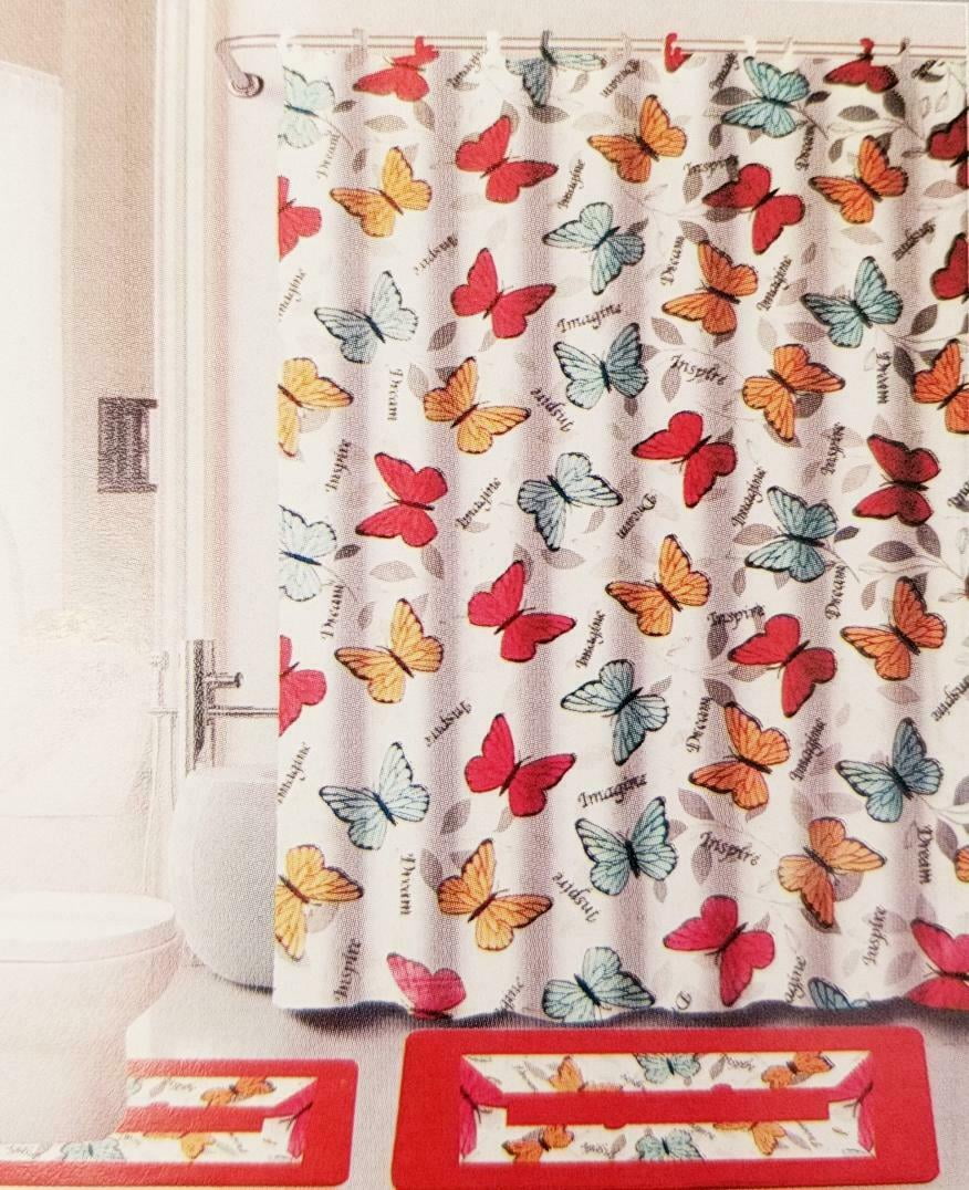 15pc 2 RED BUTTERFLY Bathroom Set Printed Banded Rubber Backing Rug