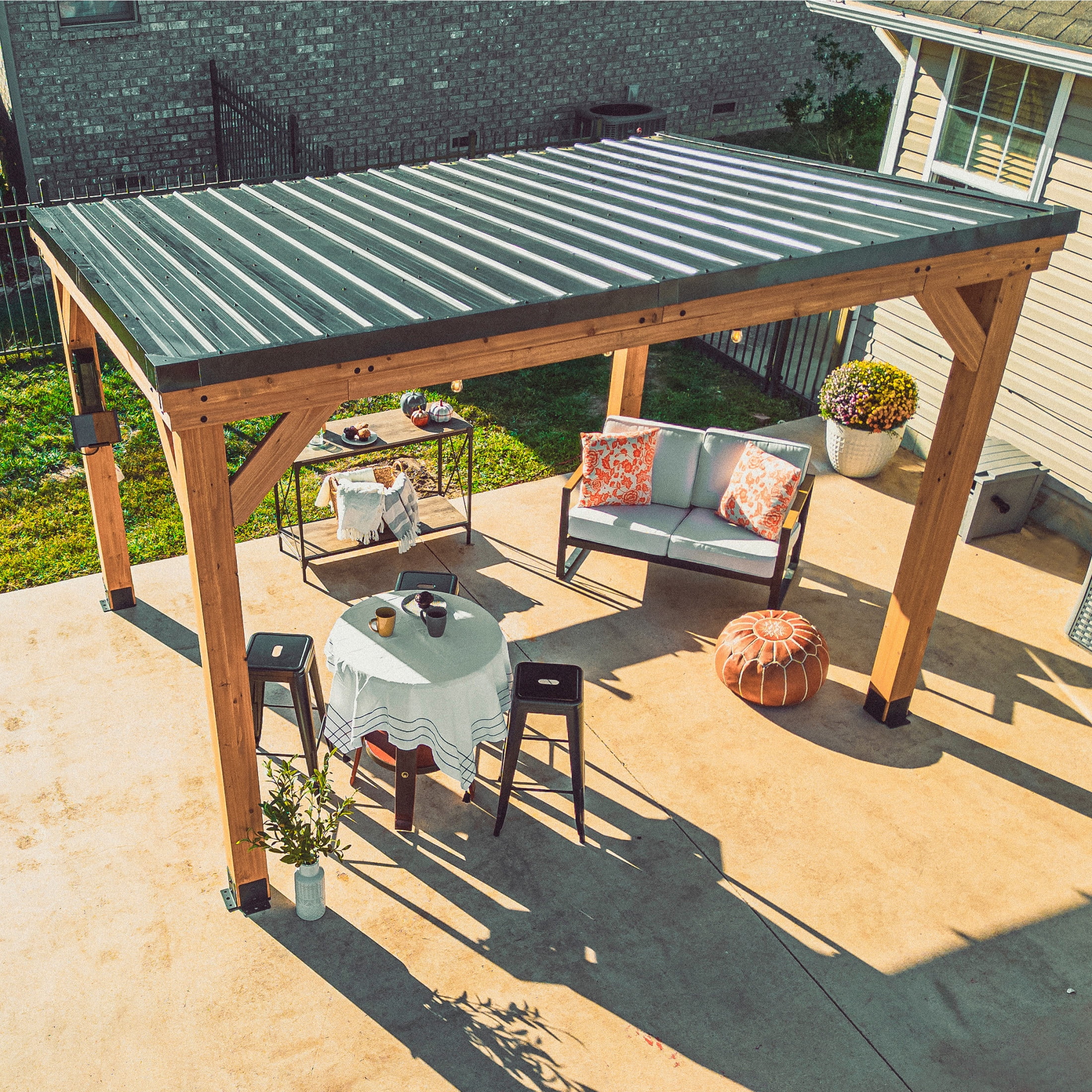 Backyard Discovery Arcadia 12'x9.5' Cedar Wood Gazebo, Galvanized Steel Roof, PowerPort