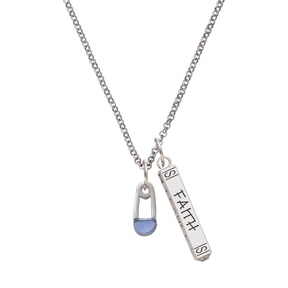 Delight Jewelry Silvertone Blue Baby Safety Pin Silvertone Believe Faith Prayer Hope Bar Charm Necklace, 23"