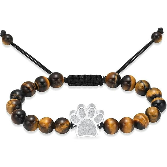 Tiger Eye Stone Braided Rope Bracelet for Ashes Adjustable Paw Print Urn Bracelet for Ashes Women Men Human Pet Urn Bangle Keepsake Memorial Gifts
