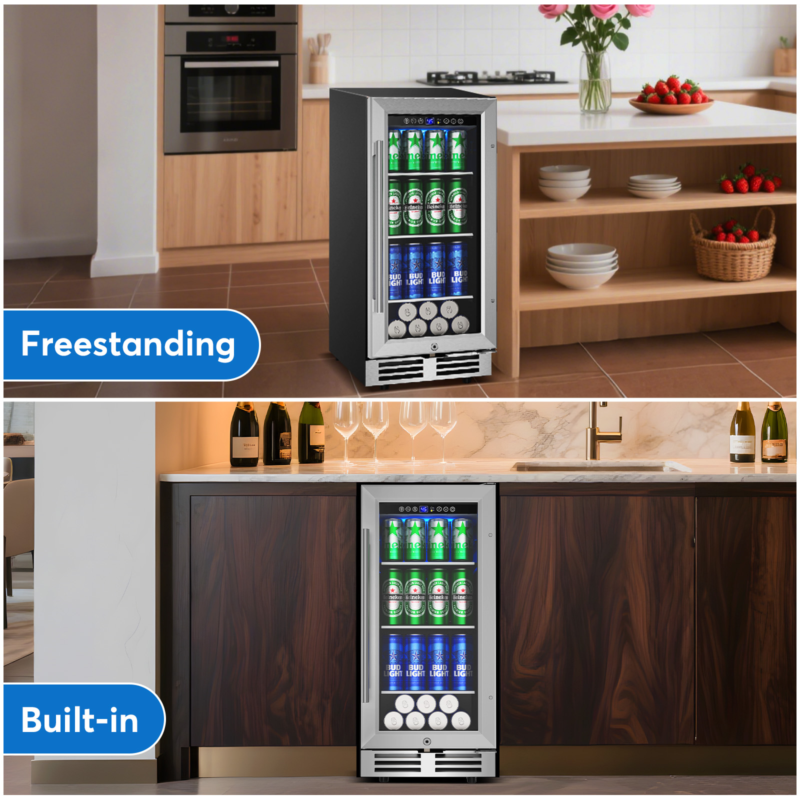 TITTLA 15 Inch Beverage Refrigerator,130 Can Built-in Beverage Cooler,Built-In or Freestanding Cooler for Home Bar Office