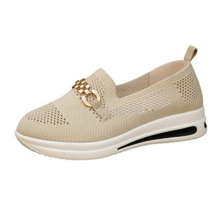 QYZEU Womens Walking Sneakers Women Shoes Flip Flops Ladies Fashion Metal Mesh Breathable Round Toe Thick Sole Casual Sports Shoes Woman Casual Shoe Beige 36