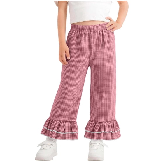 zbxnLI Toddler Girls Casual Pants Elastic Waist Ruffle Hem Plaid Trousers Fashion Vacation Loose Pants 1-5 Years