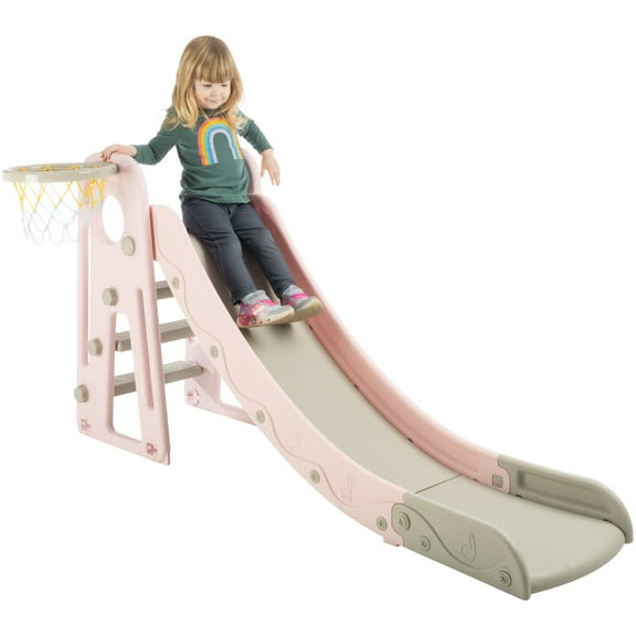 Hey Play Indoor/Outdoor Toddler Slide with Basketball Hoop and Ball (Pink)