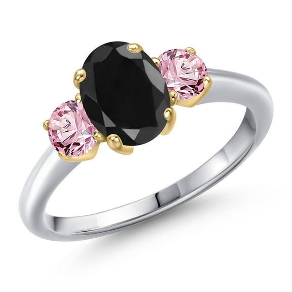 Gem Stone King 10K Two Tone Gold Black Sapphire and Pink Lab Grown Diamond Engagement Ring for Women | 2.16 Cttw | Oval 8X6MM | Gemstone September Birthstone | Size 8
