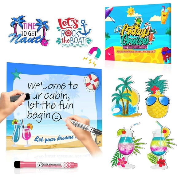 Crazy Cruise Door Decorations Magnetic 9 Pcs Set, Including 2 Magnetic Markers with Built-in Eraser