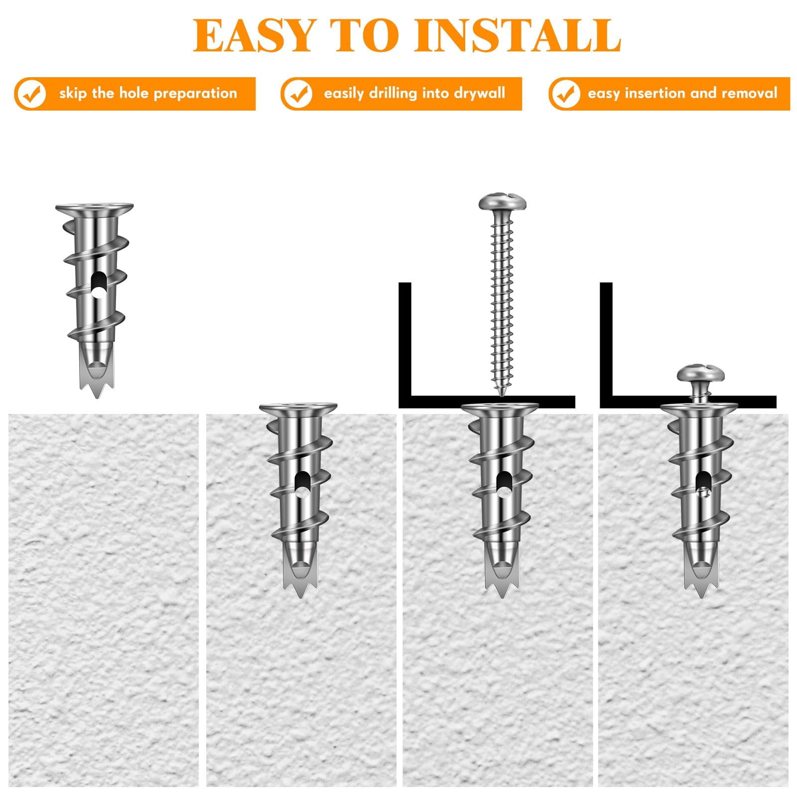 400 Pieces Zinc Self Drilling Drywall Anchors with Screws Kit, (200 Anchors+200 Screws) Bulk Heavy Duty Metal Wall Anchors and #8 x 1-1/4'' Screw