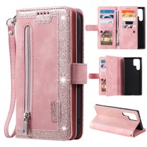 Feishell for Samsung Galaxy S22 Ultra Wallet Case with Wrist Strap,for Women Men,Luxury PU Leather Zipper Pocket Magnetic Clasp Folio Flip Holder ID Credit Card Slots Shockproof Phone Cover,Rosegold