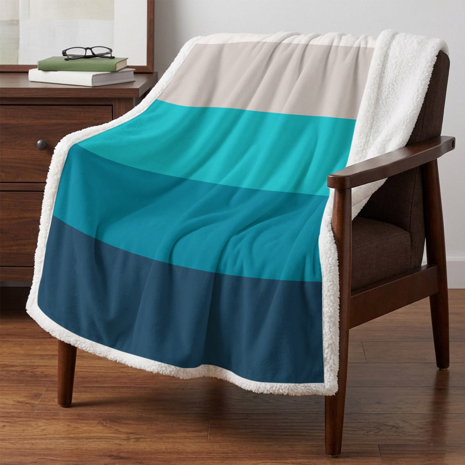 Sherpa Throw Blankets Ombre Teal Blue Stripes Flannel Fleece Blanket Gradient Color Soft Cozy Warm Fluffy Plush Blankets and Throws for Couch Bed Sofa All Season 50x60 Inch
