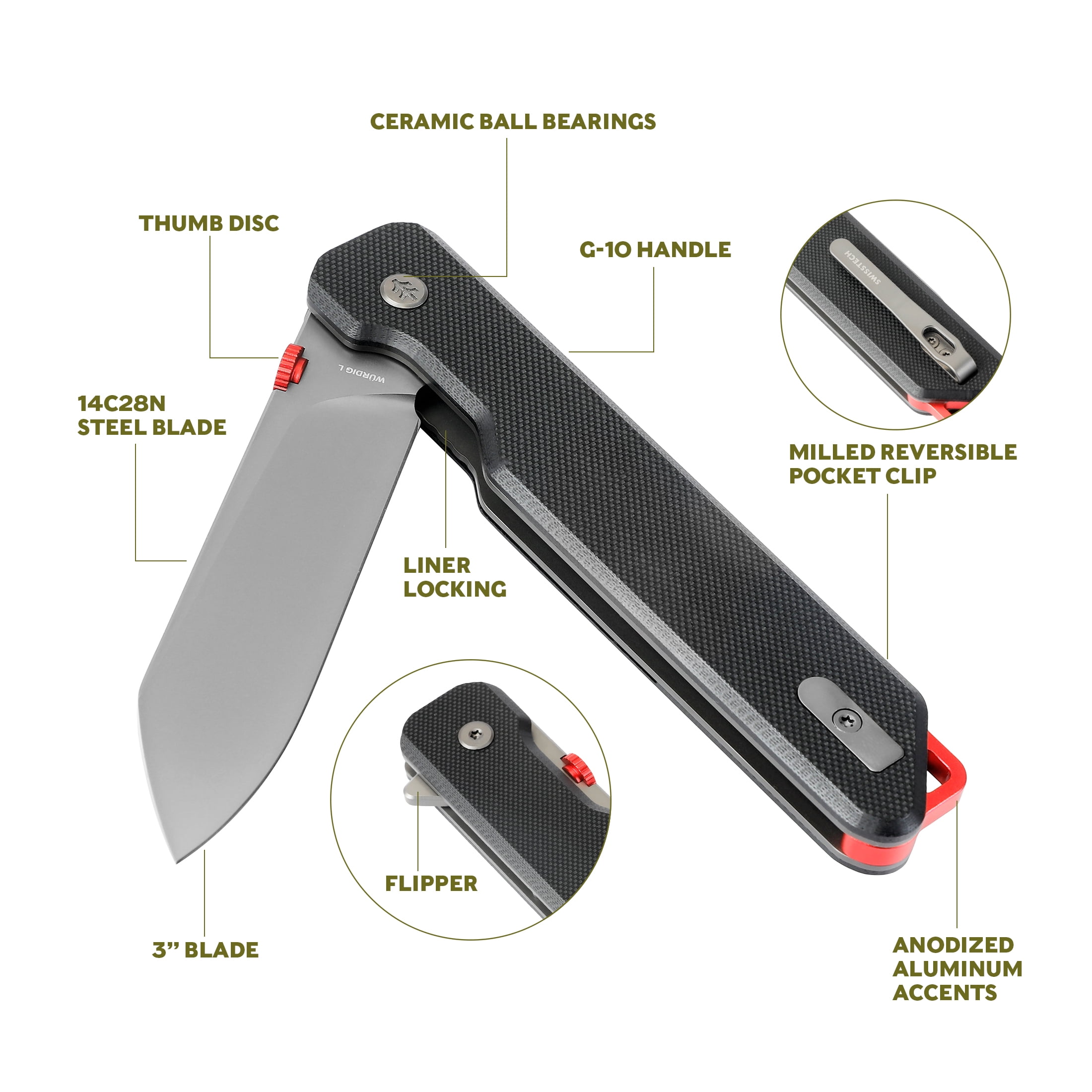 Swiss Tech WÜRDIG L Black G-10 Folding Knife, 14C28N Steel, Gray Ti Finish, EDC