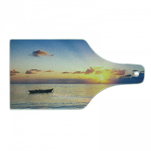 Landscape Cutting Board, Sun Rising over Ocean on Maldives Seascape Photo Majestic Morning Scenery, Tempered Glass Cutting and Serving Board, Wine Bottle Shape, Blue Coral Yellow, by Ambesonne