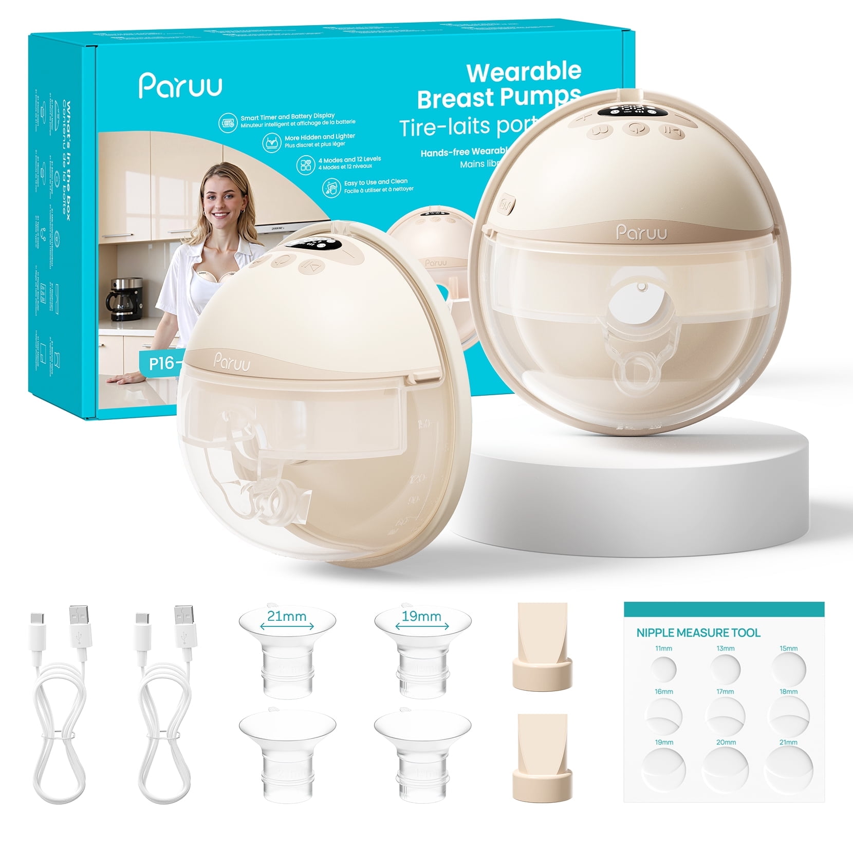 Paruu Wearable Breast Pump, Hands-Free Wireless Electric Pump, 4 Modes 12 Suction Levels, BPA-Free, Portable Lightweight, 2-Pack, Beige